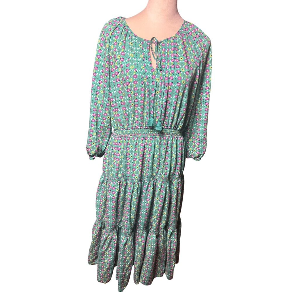 Matilda Jane Green Floral Tie Neck Tiered Midi Dress‎ Daydream Age of Aquarius
